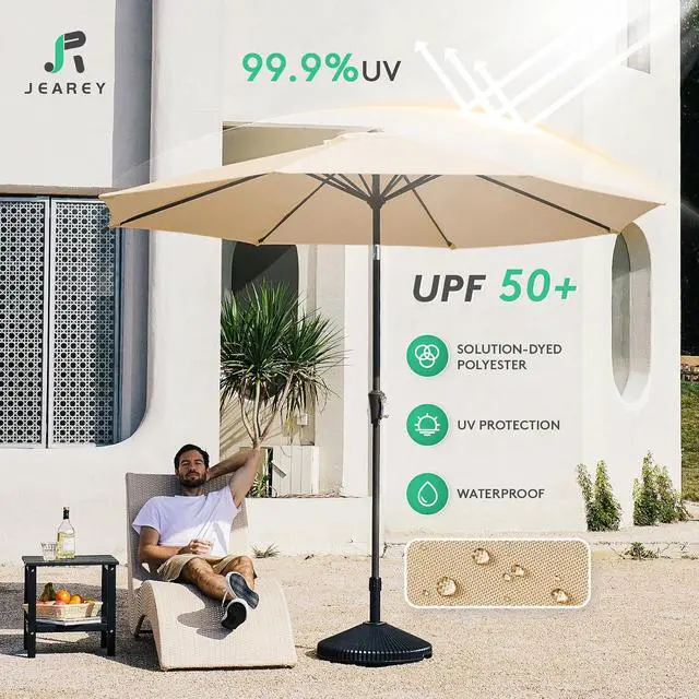 Alt view image 3 of 7 - JEAREY 10 ft Outdoor Patio Umbrella w/Tilt and Crank, Beige | 8 Sturdy Ribs Market Umbrella UV Protection Waterproof Provides Comfortable Shade for Garden, Deck, Backyard, Pool