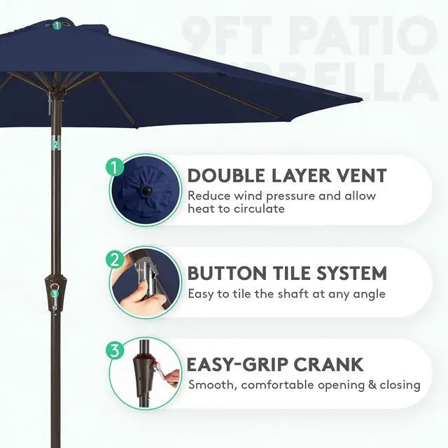 Alt view image 2 of 7 - JEAREY 10 ft Outdoor Patio Umbrella w/Tilt and Crank, Navy | 8 Sturdy Ribs Market Umbrella UV Protection Waterproof Provides Comfortable Shade for Garden, Deck, Backyard, Pool