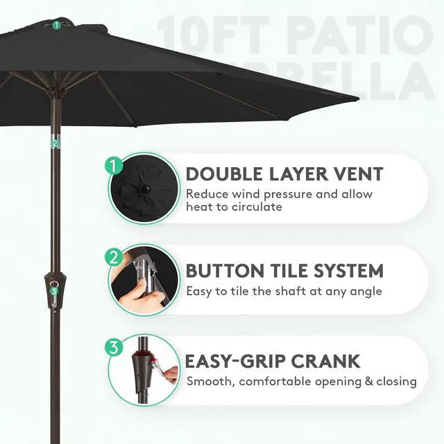 Alt view image 2 of 7 - JEAREY 10 ft Outdoor Patio Umbrella w/Tilt and Crank, Black | 8 Sturdy Ribs Market Umbrella UV Protection Waterproof Provides Comfortable Shade for Garden, Deck, Backyard, Pool