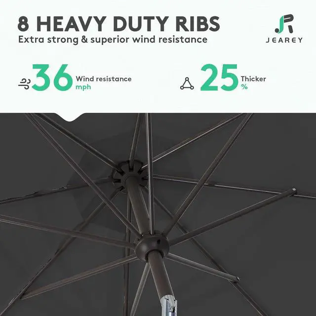 Alt view image 5 of 7 - JEAREY 10 ft Outdoor Patio Umbrella w/Tilt and Crank, Black | 8 Sturdy Ribs Market Umbrella UV Protection Waterproof Provides Comfortable Shade for Garden, Deck, Backyard, Pool