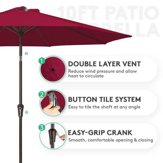 Alt view image 2 of 7 - JEAREY 10 ft Outdoor Patio Umbrella w/Tilt and Crank, Wine Red | 8 Sturdy Ribs Market Umbrella UV Protection Waterproof Provides Comfortable Shade for Garden, Deck, Backyard, Pool