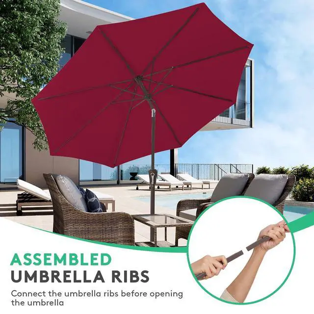 Alt view image 4 of 7 - JEAREY 10 ft Outdoor Patio Umbrella w/Tilt and Crank, Wine Red | 8 Sturdy Ribs Market Umbrella UV Protection Waterproof Provides Comfortable Shade for Garden, Deck, Backyard, Pool