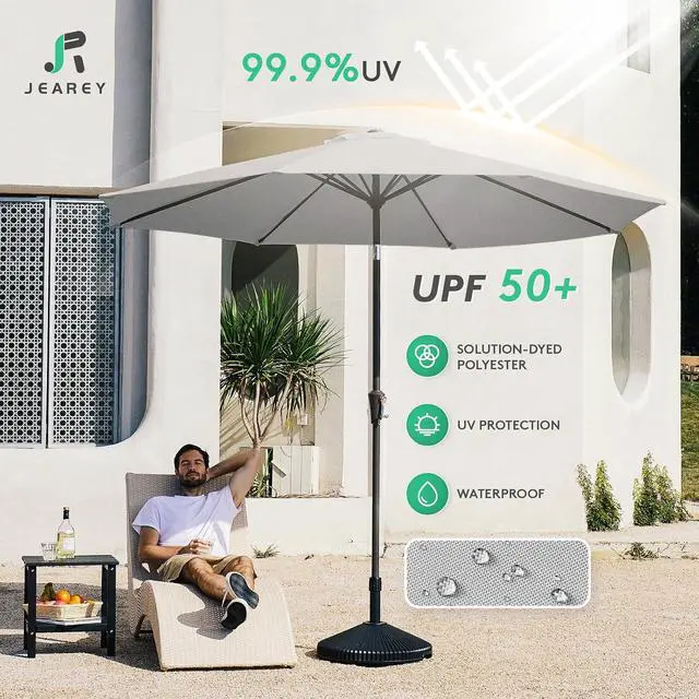 Alt view image 3 of 7 - JEAREY 10 ft Outdoor Patio Umbrella w/Tilt and Crank, Light Gray | 8 Sturdy Ribs Market Umbrella UV Protection Waterproof Provides Comfortable Shade for Garden, Deck, Backyard, Pool