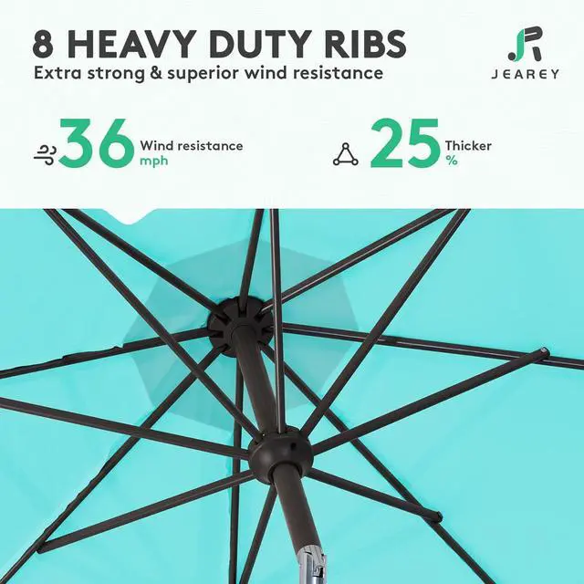 Alt view image 5 of 7 - JEAREY 10 ft Outdoor Patio Umbrella w/Tilt and Crank, Turquoise | 8 Sturdy Ribs Market Umbrella UV Protection Waterproof Provides Comfortable Shade for Garden, Deck, Backyard, Pool