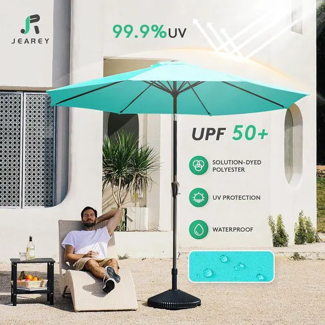 Alt view image 3 of 7 - JEAREY 10 ft Outdoor Patio Umbrella w/Tilt and Crank, Turquoise | 8 Sturdy Ribs Market Umbrella UV Protection Waterproof Provides Comfortable Shade for Garden, Deck, Backyard, Pool