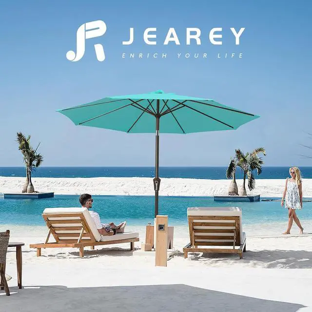 Alt view image 6 of 7 - JEAREY 10 ft Outdoor Patio Umbrella w/Tilt and Crank, Turquoise | 8 Sturdy Ribs Market Umbrella UV Protection Waterproof Provides Comfortable Shade for Garden, Deck, Backyard, Pool