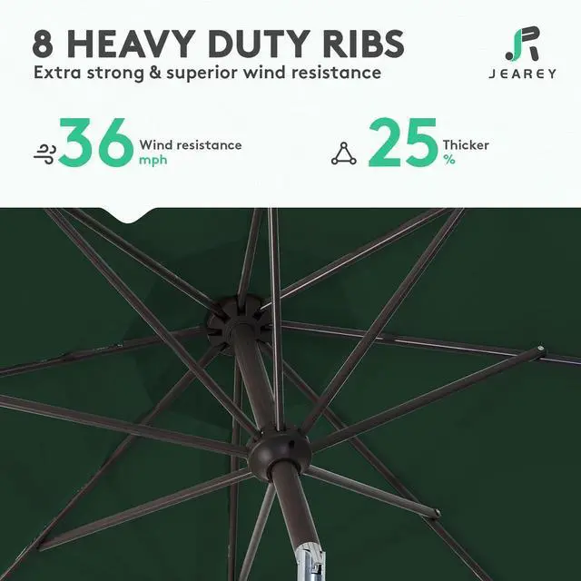 Alt view image 5 of 7 - JEAREY 10FT Outdoor Patio Umbrella Outdoor Table Umbrella with Push Button Tilt and Crank, Market Umbrella 8 Sturdy Ribs UV Protection Waterproof for Pool, Garden (Dark Green)
