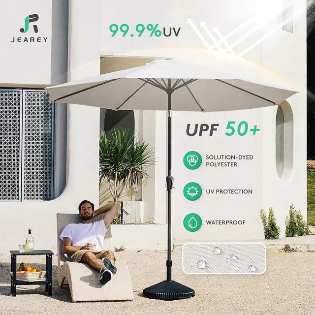 Alt view image 3 of 6 - JEAREY 10 ft Outdoor Patio Umbrella w/Tilt and Crank, White | 8 Sturdy Ribs Market Umbrella UV Protection Waterproof Provides Comfortable Shade for Garden, Deck, Backyard, Pool