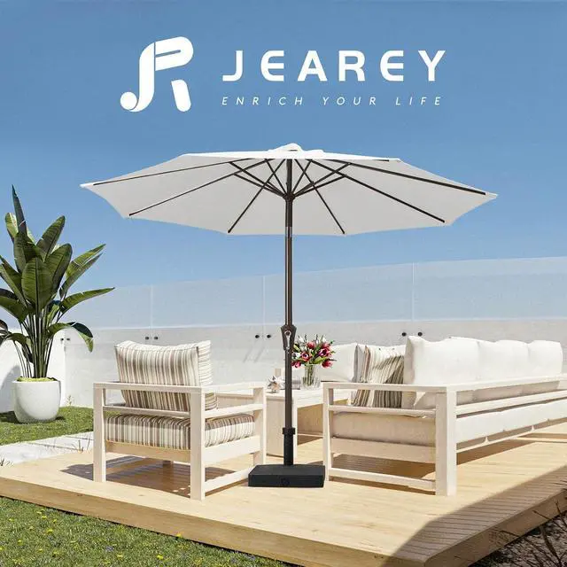 Alt view image 6 of 6 - JEAREY 10 ft Outdoor Patio Umbrella w/Tilt and Crank, White | 8 Sturdy Ribs Market Umbrella UV Protection Waterproof Provides Comfortable Shade for Garden, Deck, Backyard, Pool