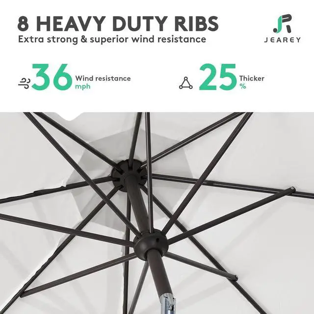 Alt view image 5 of 6 - JEAREY 10 ft Outdoor Patio Umbrella w/Tilt and Crank, White | 8 Sturdy Ribs Market Umbrella UV Protection Waterproof Provides Comfortable Shade for Garden, Deck, Backyard, Pool