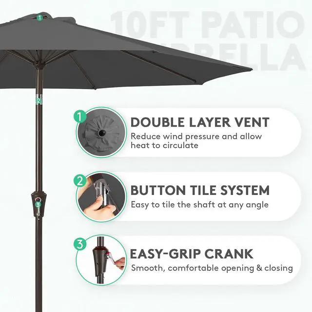Alt view image 2 of 6 - JEAREY 10 ft Outdoor Patio Umbrella w/Tilt and Crank, Gray | 8 Sturdy Ribs Market Umbrella UV Protection Waterproof Provides Comfortable Shade for Garden, Deck, Backyard, Pool