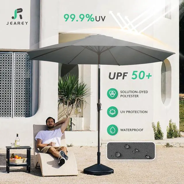 Alt view image 3 of 6 - JEAREY 10 ft Outdoor Patio Umbrella w/Tilt and Crank, Gray | 8 Sturdy Ribs Market Umbrella UV Protection Waterproof Provides Comfortable Shade for Garden, Deck, Backyard, Pool