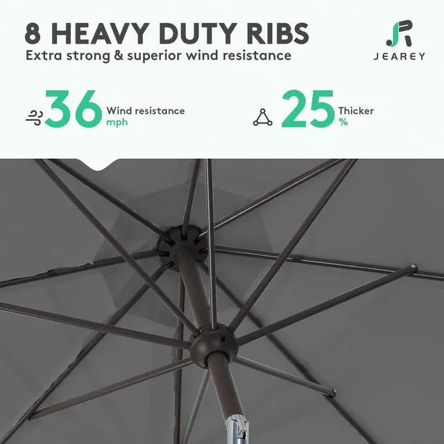Alt view image 5 of 6 - JEAREY 10 ft Outdoor Patio Umbrella w/Tilt and Crank, Gray | 8 Sturdy Ribs Market Umbrella UV Protection Waterproof Provides Comfortable Shade for Garden, Deck, Backyard, Pool