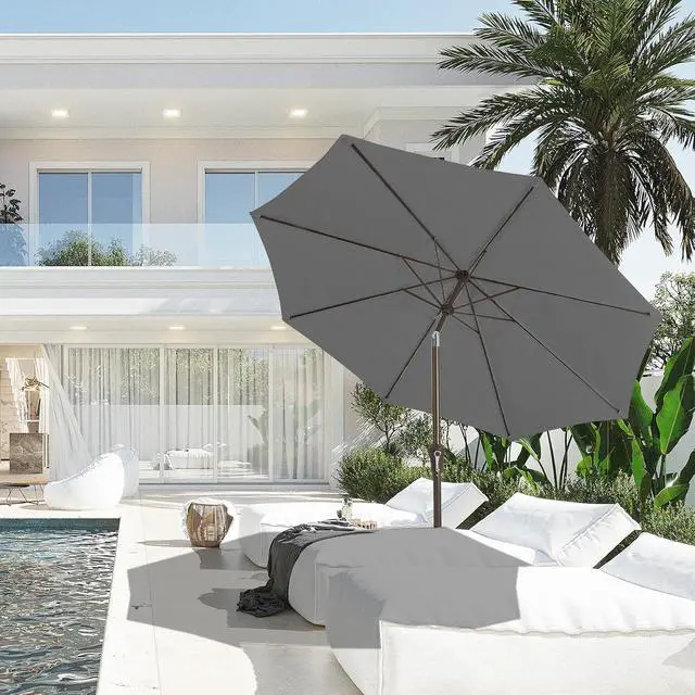 Alt view image 4 of 6 - JEAREY 10 ft Outdoor Patio Umbrella w/Tilt and Crank, Gray | 8 Sturdy Ribs Market Umbrella UV Protection Waterproof Provides Comfortable Shade for Garden, Deck, Backyard, Pool