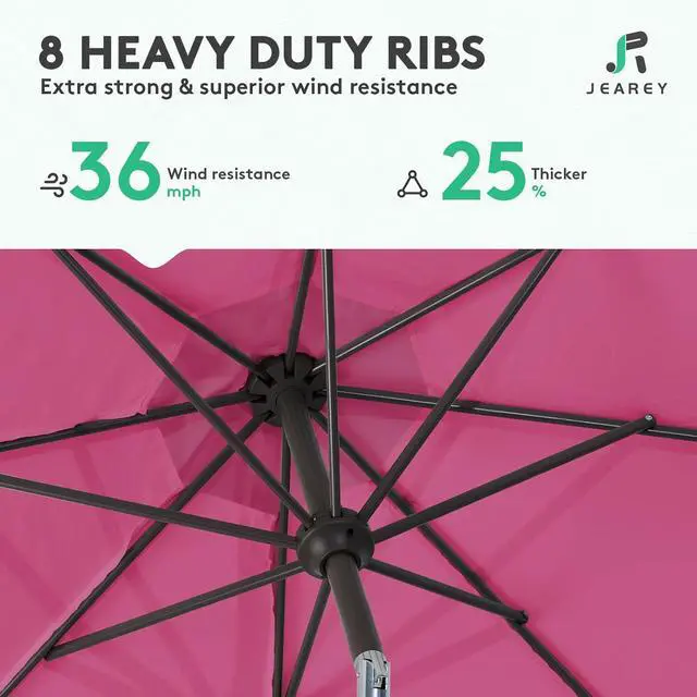 Alt view image 5 of 7 - JEAREY 10 ft Outdoor Patio Umbrella w/Tilt and Crank, Rose Pink | 8 Sturdy Ribs Market Umbrella UV Protection Waterproof Provides Comfortable Shade for Garden, Deck, Backyard, Pool