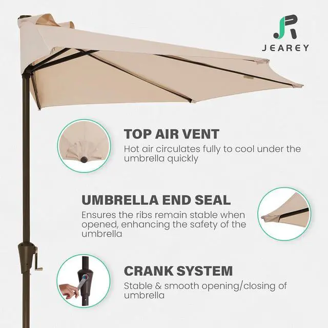 Alt view image 3 of 7 - JEAREY 9ft Half Umbrella Outdoor Patio Umbrella Market Umbrellas with Crank, 1/2 Round Wall Umbrella 5 Sturdy Ribs UV Protection for Pool Garden Balcony Deck, Beige