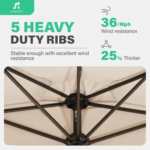 Alt view image 5 of 7 - JEAREY 9ft Half Umbrella Outdoor Patio Umbrella Market Umbrellas with Crank, 1/2 Round Wall Umbrella 5 Sturdy Ribs UV Protection for Pool Garden Balcony Deck, Beige