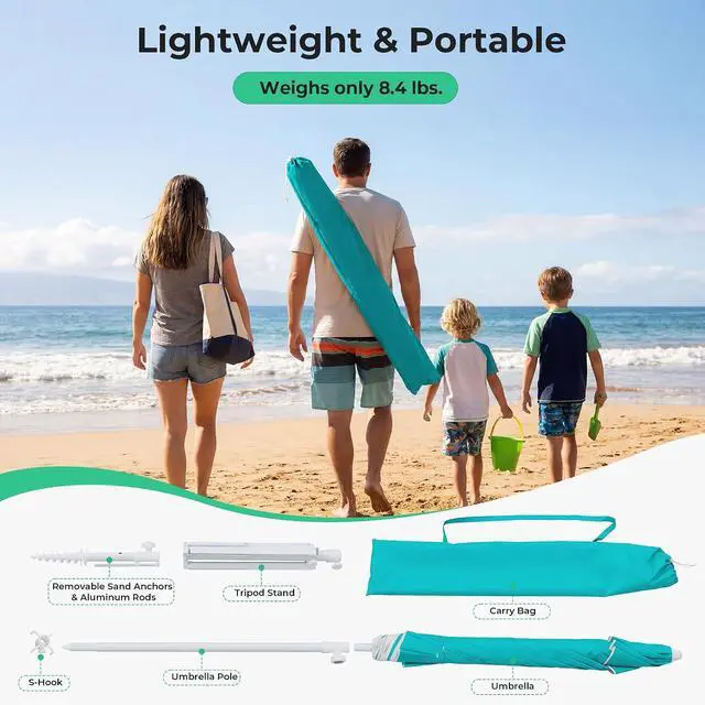 Alt view image 3 of 7 - JEAREY 6.5ft Portable Beach Shade Sports Umbrella with Stand, Turquoise | Lightweight Sun Protection Free Standing Portable Umbrella for Outdoor Sports, Camping, Fishing, Beach