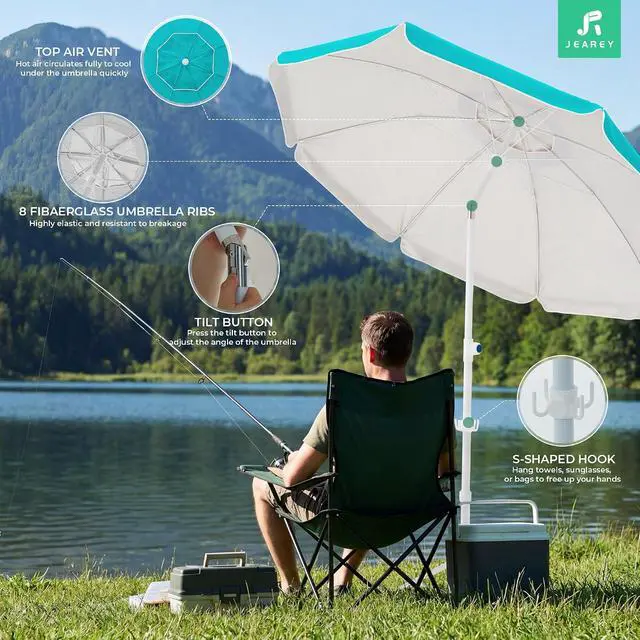 Alt view image 4 of 7 - JEAREY 6.5ft Portable Beach Shade Sports Umbrella with Stand, Turquoise | Lightweight Sun Protection Free Standing Portable Umbrella for Outdoor Sports, Camping, Fishing, Beach