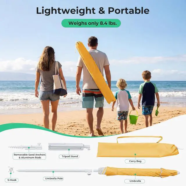 Alt view image 3 of 7 - JEAREY 6.5ft Portable Beach Shade Sports Umbrella with Stand, Yellow | Lightweight Sun Protection Free Standing Portable Umbrella for Outdoor Sports, Camping, Fishing, Beach