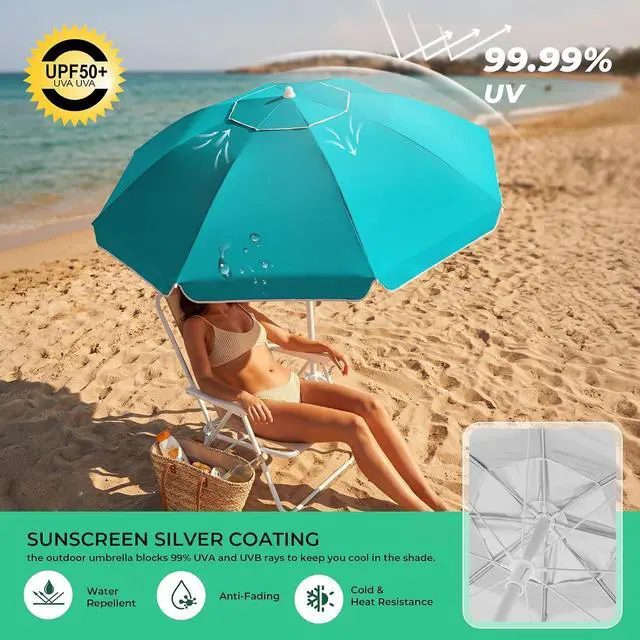 Alt view image 7 of 7 - JEAREY 6.5ft Portable Beach Shade Sports Umbrella with Stand, Turquoise | Lightweight Sun Protection Free Standing Portable Umbrella for Outdoor Sports, Camping, Fishing, Beach
