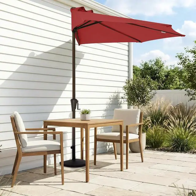 Alt view image 2 of 7 - JEAREY 9ft Half Umbrella Outdoor Patio Umbrella Market Umbrellas with Crank, 1/2 Round Wall Umbrella 5 Sturdy Ribs UV Protection for Pool Garden Balcony Deck, Red