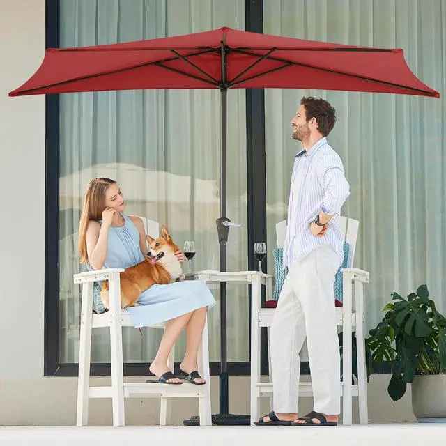 Alt view image 4 of 7 - JEAREY 9ft Half Umbrella Outdoor Patio Umbrella Market Umbrellas with Crank, 1/2 Round Wall Umbrella 5 Sturdy Ribs UV Protection for Pool Garden Balcony Deck, Red