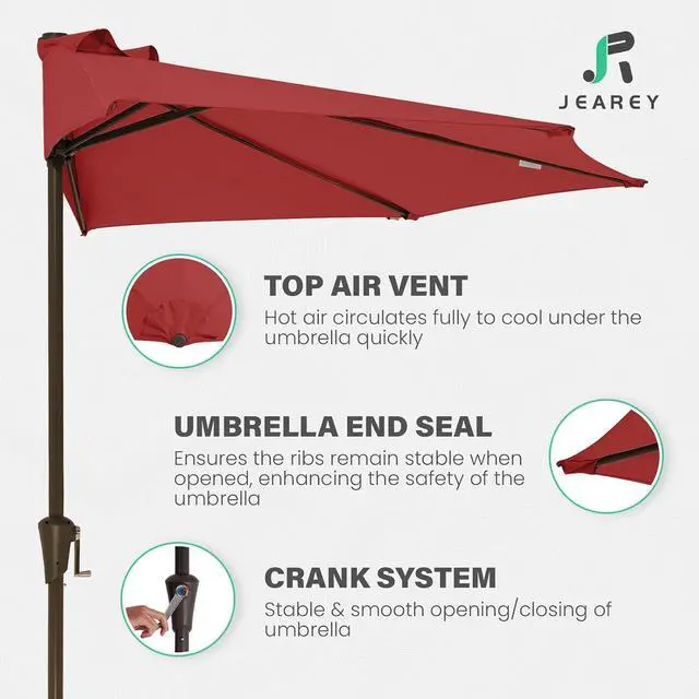 Alt view image 3 of 7 - JEAREY 9ft Half Umbrella Outdoor Patio Umbrella Market Umbrellas with Crank, 1/2 Round Wall Umbrella 5 Sturdy Ribs UV Protection for Pool Garden Balcony Deck, Red