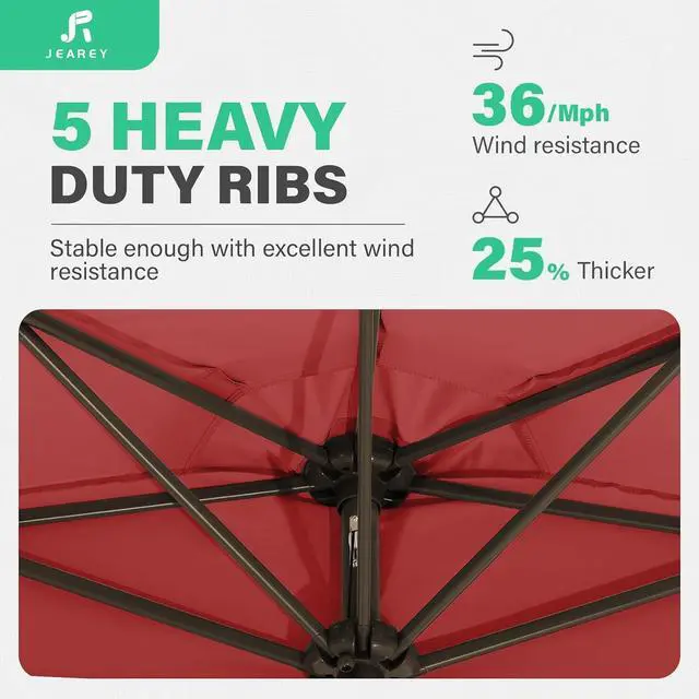 Alt view image 5 of 7 - JEAREY 9ft Half Umbrella Outdoor Patio Umbrella Market Umbrellas with Crank, 1/2 Round Wall Umbrella 5 Sturdy Ribs UV Protection for Pool Garden Balcony Deck, Red