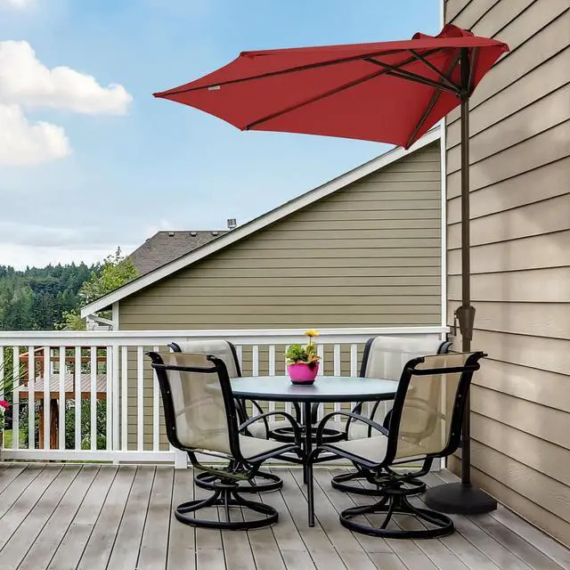 Alt view image 7 of 7 - JEAREY 9ft Half Umbrella Outdoor Patio Umbrella Market Umbrellas with Crank, 1/2 Round Wall Umbrella 5 Sturdy Ribs UV Protection for Pool Garden Balcony Deck, Red
