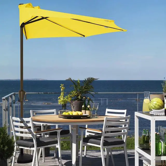 Alt view image 2 of 7 - JEAREY 9ft Half Umbrella Outdoor Patio Umbrella Market Umbrellas with Crank, 1/2 Round Wall Umbrella 5 Sturdy Ribs UV Protection for Pool Garden Balcony Deck, Yellow