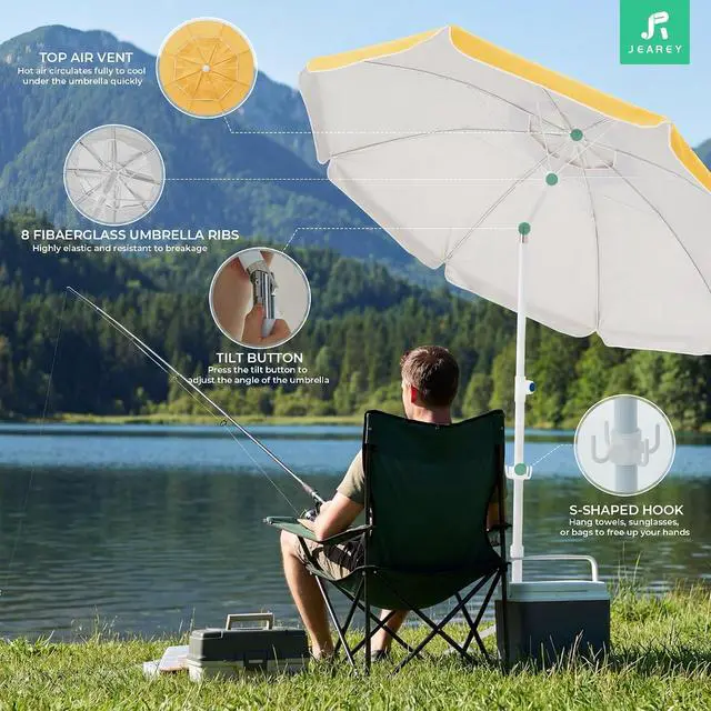 Alt view image 4 of 7 - JEAREY 6.5ft Portable Beach Shade Sports Umbrella with Stand, Yellow | Lightweight Sun Protection Free Standing Portable Umbrella for Outdoor Sports, Camping, Fishing, Beach