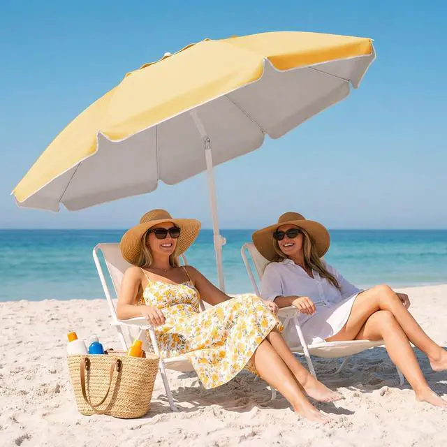 Alt view image 5 of 7 - JEAREY 6.5ft Portable Beach Shade Sports Umbrella with Stand, Yellow | Lightweight Sun Protection Free Standing Portable Umbrella for Outdoor Sports, Camping, Fishing, Beach