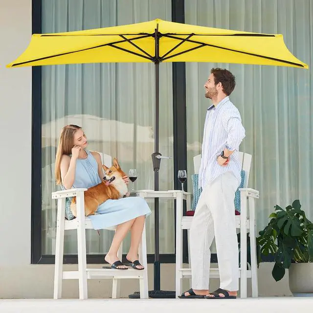 Alt view image 4 of 7 - JEAREY 9ft Half Umbrella Outdoor Patio Umbrella Market Umbrellas with Crank, 1/2 Round Wall Umbrella 5 Sturdy Ribs UV Protection for Pool Garden Balcony Deck, Yellow