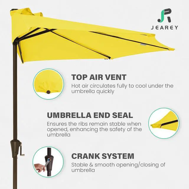 Alt view image 5 of 7 - JEAREY 9ft Half Umbrella Outdoor Patio Umbrella Market Umbrellas with Crank, 1/2 Round Wall Umbrella 5 Sturdy Ribs UV Protection for Pool Garden Balcony Deck, Yellow