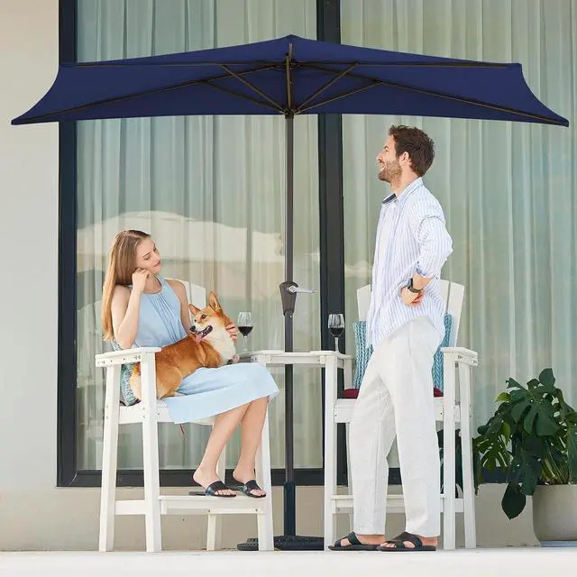 Alt view image 4 of 7 - JEAREY 9ft Half Umbrella Outdoor Patio Umbrella Market Umbrellas with Crank, 1/2 Round Wall Umbrella 5 Sturdy Ribs UV Protection for Pool Garden Balcony Deck, Navy
