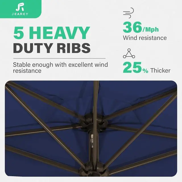 Alt view image 5 of 7 - JEAREY 9ft Half Umbrella Outdoor Patio Umbrella Market Umbrellas with Crank, 1/2 Round Wall Umbrella 5 Sturdy Ribs UV Protection for Pool Garden Balcony Deck, Navy