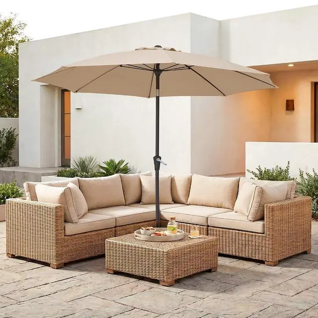 Alt view image 5 of 7 - JEAREY 9FT Outdoor Patio Umbrella, Market Umbrella with 8 Fiberglass Ribs & Tilt/Crank, UV Protection & Wind-Resistant Pool Umbrella for Lawn Garden Deck Backyard, Cream Beige