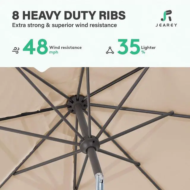 Alt view image 6 of 7 - JEAREY 9FT Outdoor Patio Umbrella, Market Umbrella with 8 Fiberglass Ribs & Tilt/Crank, UV Protection & Wind-Resistant Pool Umbrella for Lawn Garden Deck Backyard, Cream Beige