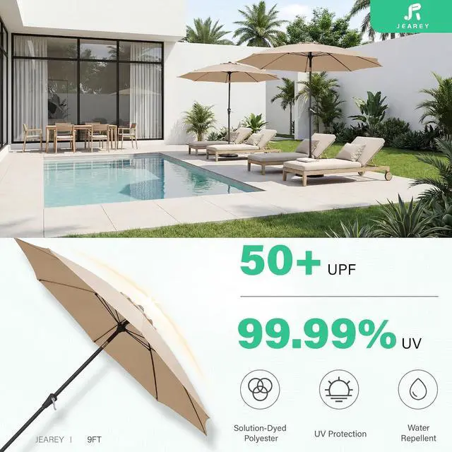 Alt view image 7 of 7 - JEAREY 9FT Outdoor Patio Umbrella, Market Umbrella with 8 Fiberglass Ribs & Tilt/Crank, UV Protection & Wind-Resistant Pool Umbrella for Lawn Garden Deck Backyard, Cream Beige