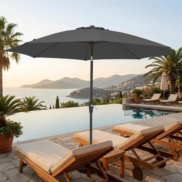 Alt view image 3 of 7 - JEAREY 9FT Outdoor Patio Umbrella,Market Table Umbrella with 8 Fiberglass Ribs, Pool Umbrella with Tilt and Crank, UV Protection Lightweight & Wind-Resistant for Lawn, Garden, Deck and Backyard, Gray