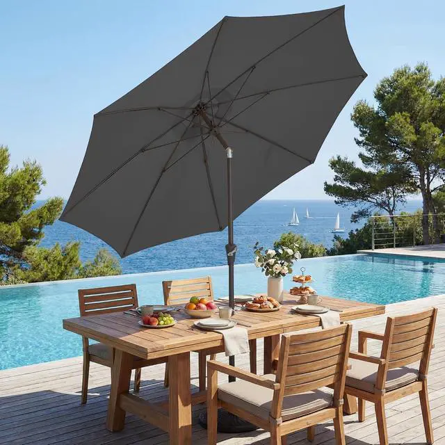 Alt view image 4 of 7 - JEAREY 9FT Outdoor Patio Umbrella,Market Table Umbrella with 8 Fiberglass Ribs, Pool Umbrella with Tilt and Crank, UV Protection Lightweight & Wind-Resistant for Lawn, Garden, Deck and Backyard, Gray
