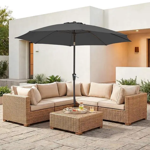 Alt view image 5 of 7 - JEAREY 9FT Outdoor Patio Umbrella,Market Table Umbrella with 8 Fiberglass Ribs, Pool Umbrella with Tilt and Crank, UV Protection Lightweight & Wind-Resistant for Lawn, Garden, Deck and Backyard, Gray