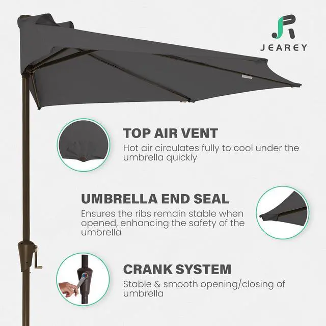 Alt view image 3 of 7 - JEAREY 9ft Half Umbrella Outdoor Patio Umbrella Market Umbrellas with Crank, 1/2 Round Wall Umbrella 5 Sturdy Ribs UV Protection for Pool Garden Balcony Deck, Gray