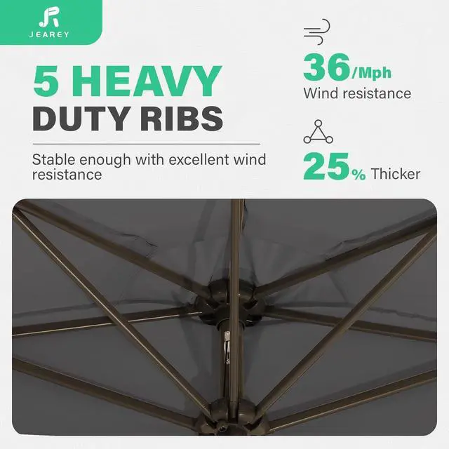 Alt view image 5 of 7 - JEAREY 9ft Half Umbrella Outdoor Patio Umbrella Market Umbrellas with Crank, 1/2 Round Wall Umbrella 5 Sturdy Ribs UV Protection for Pool Garden Balcony Deck, Gray