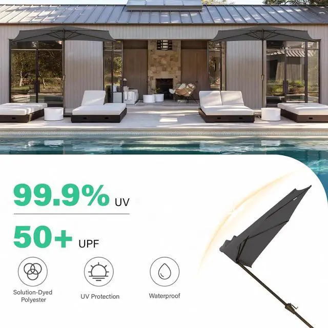 Alt view image 6 of 7 - JEAREY 9ft Half Umbrella Outdoor Patio Umbrella Market Umbrellas with Crank, 1/2 Round Wall Umbrella 5 Sturdy Ribs UV Protection for Pool Garden Balcony Deck, Gray