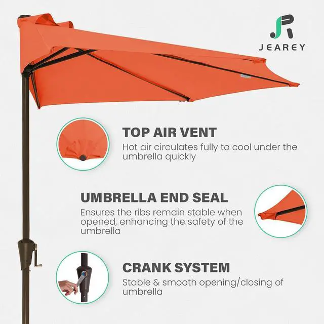 Alt view image 3 of 7 - JEAREY 9ft Half Umbrella Outdoor Patio Umbrella Market Umbrellas with Crank, 1/2 Round Wall Umbrella 5 Sturdy Ribs UV Protection for Pool Garden Balcony Deck, Orange