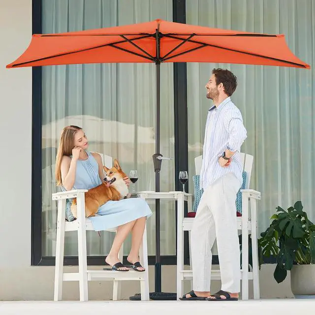 Alt view image 4 of 7 - JEAREY 9ft Half Umbrella Outdoor Patio Umbrella Market Umbrellas with Crank, 1/2 Round Wall Umbrella 5 Sturdy Ribs UV Protection for Pool Garden Balcony Deck, Orange