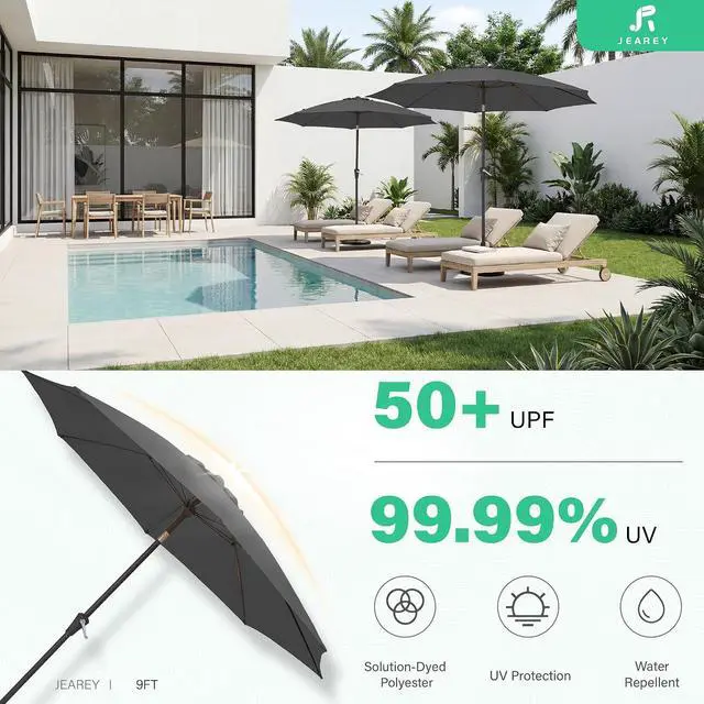 Alt view image 7 of 7 - JEAREY 9FT Outdoor Patio Umbrella,Market Table Umbrella with 8 Fiberglass Ribs, Pool Umbrella with Tilt and Crank, UV Protection Lightweight & Wind-Resistant for Lawn, Garden, Deck and Backyard, Gray