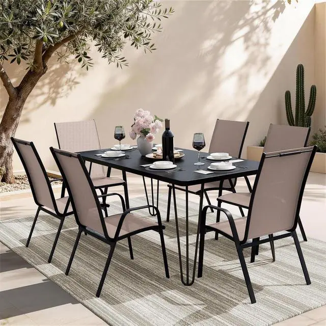 Alt view image 2 of 7 - JEAREY Patio Dining Chairs Set of 6, Stackable Outdoor Chairs, Coffee | Breathable Textilene w/Powder-Coated Steel Frame, 20" Wide High-Back Seat & Stackable Design for Lawn, Garden, Deck, Poolside